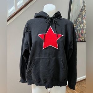 Emma and Sam LF Distressed Star Hoodie Sweatshirt Black Red Size Small